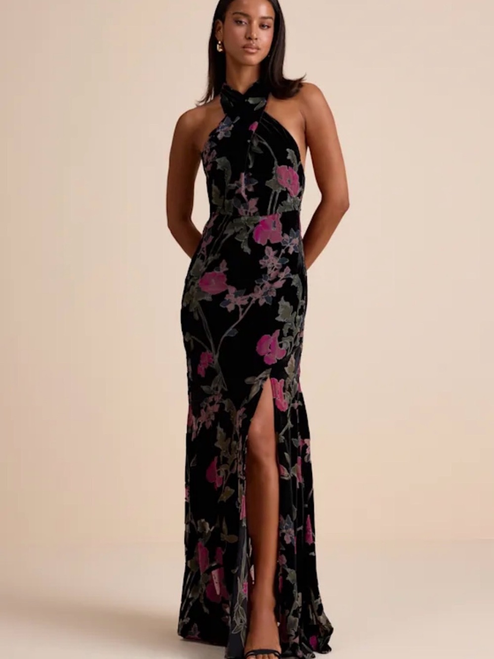 Lulu's Black Velvet Halter Maxi with Pink Floral Accents